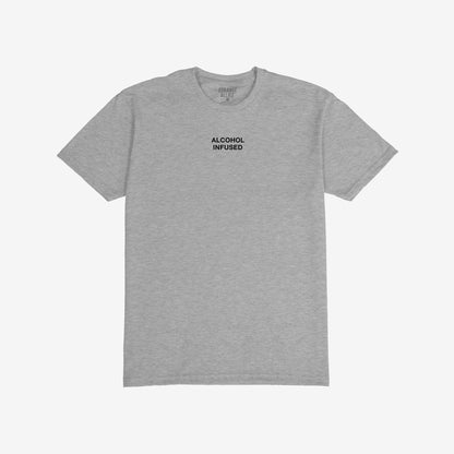 Alcohol Infused T-shirt features ALCOHOL INFUSED in bold black letters on a heather-gray crewneck, embodying a rebellious lifestyle. Brand name STRANGE ALLIES printed inside the collar.