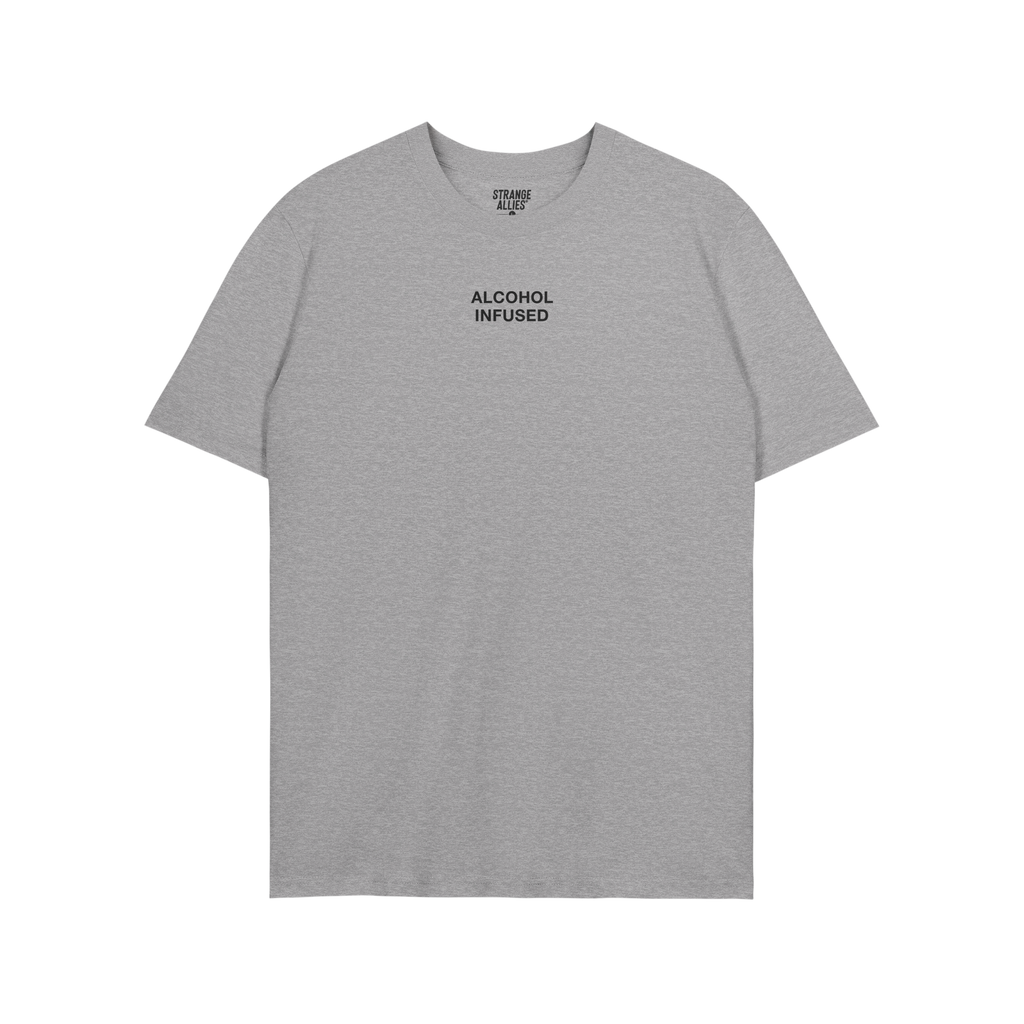 Alcohol Infused T-shirt features ALCOHOL INFUSED in bold black letters on a heather-gray crewneck, embodying a rebellious lif
