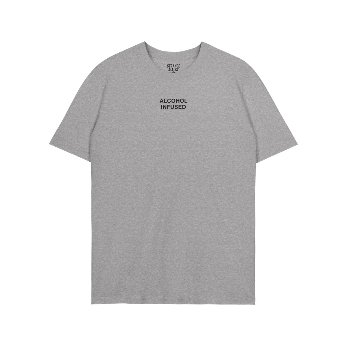 Alcohol Infused T-shirt features ALCOHOL INFUSED in bold black letters on a heather-gray crewneck, embodying a rebellious lif