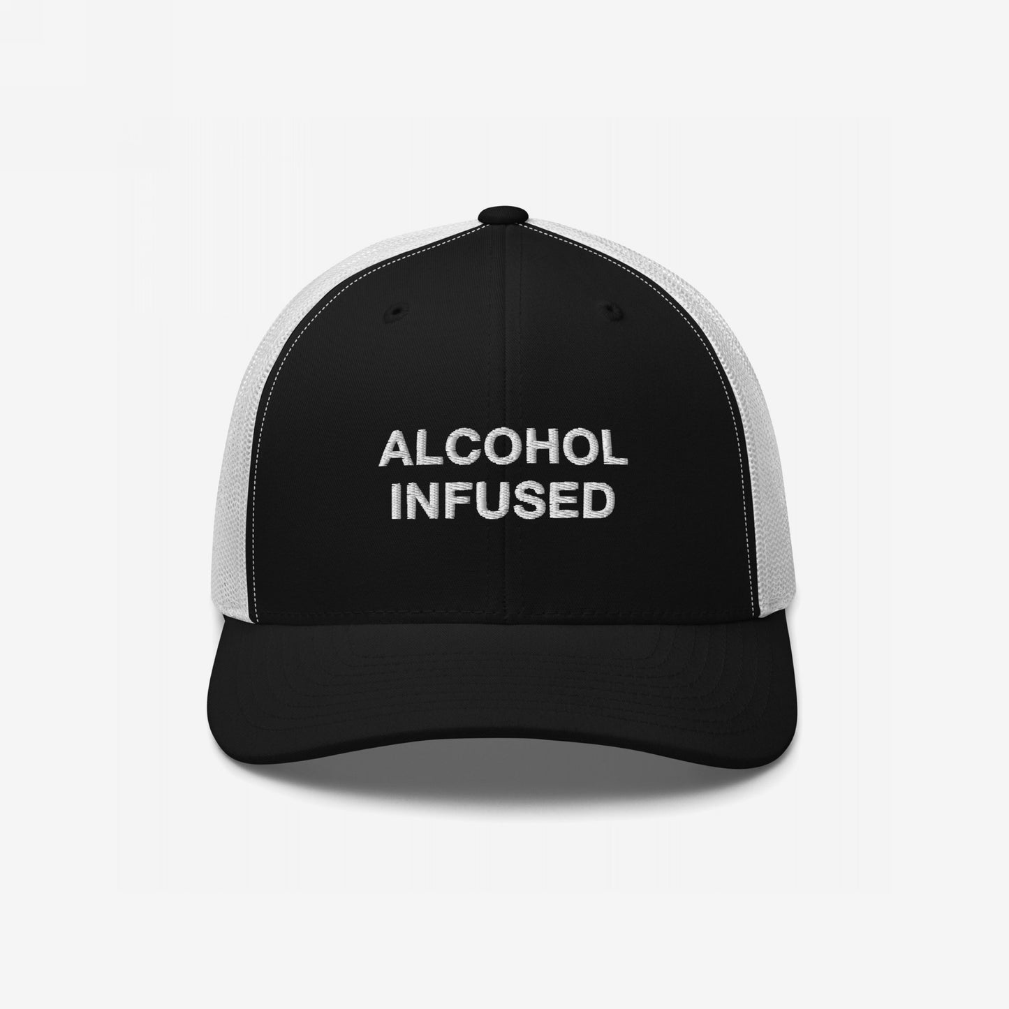 Alcohol Infused Hat: Black-and-white trucker cap with 'ALCOHOL INFUSED.' embroidered in white, embodying bold, irreverent style perfect for making a statement at any event.