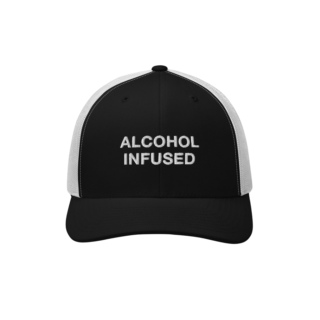 Alcohol Infused Hat: Black-and-white trucker cap with 'ALCOHOL INFUSED.' embroidered in white, embodying bold, irreverent sty