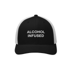 Alcohol Infused Hat: Black-and-white trucker cap with 'ALCOHOL INFUSED.' embroidered in white, embodying bold, irreverent sty