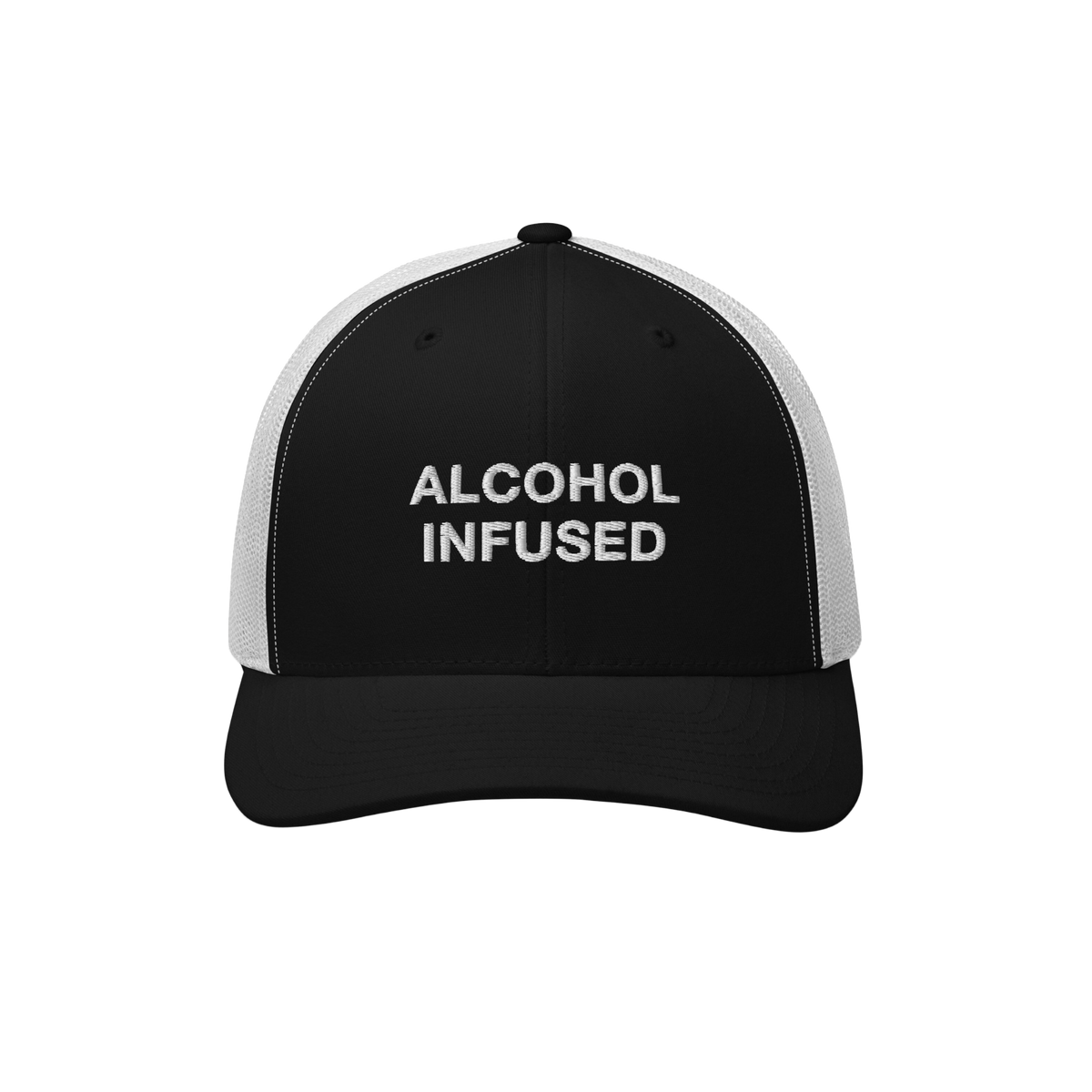 Alcohol Infused Hat: Black-and-white trucker cap with 'ALCOHOL INFUSED.' embroidered in white, embodying bold, irreverent sty
