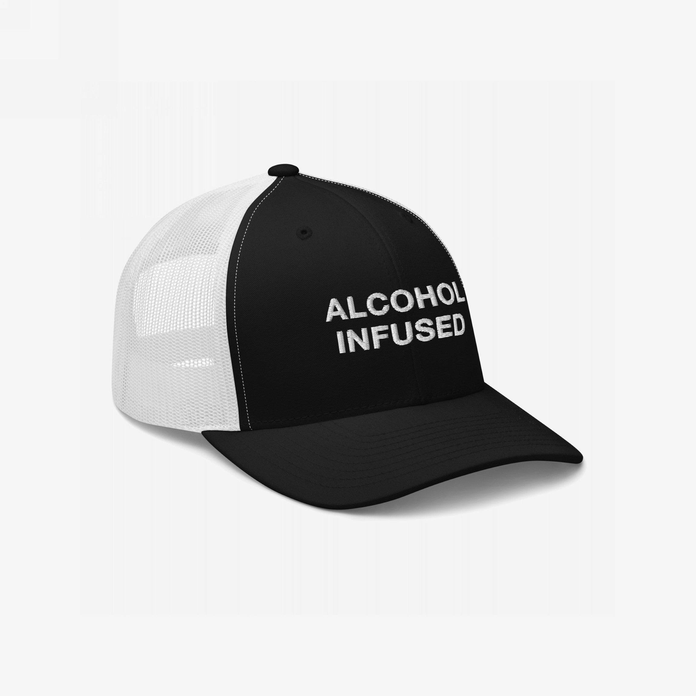 Alcohol Infused Hat: Black-and-white trucker cap with 'ALCOHOL INFUSED' embroidered in white, combining bold humor and style, perfect for making a statement at social gatherings.