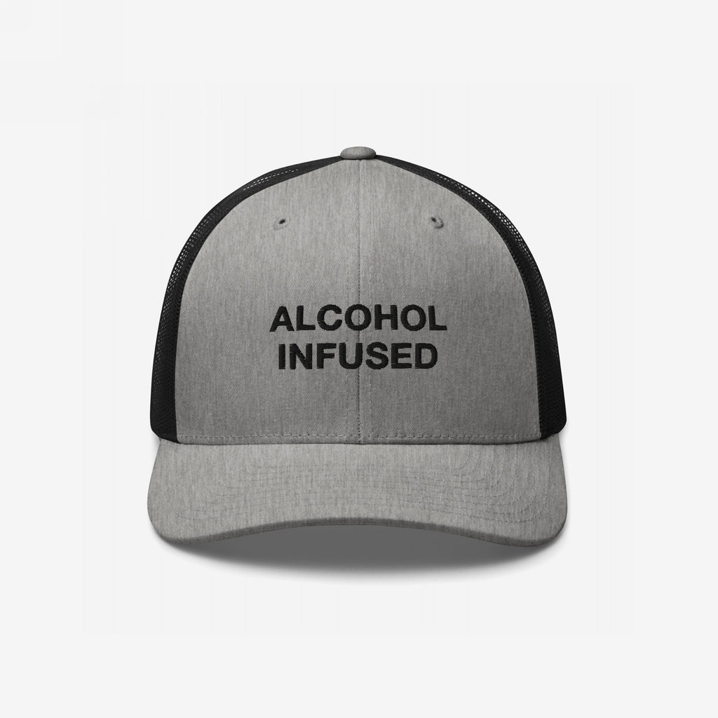 Alcohol Infused Hat: Gray-and-black trucker cap with 'ALCOHOL INFUSED' on front, blending humor with bold style, perfect for expressing individuality at social gatherings or casual outings.