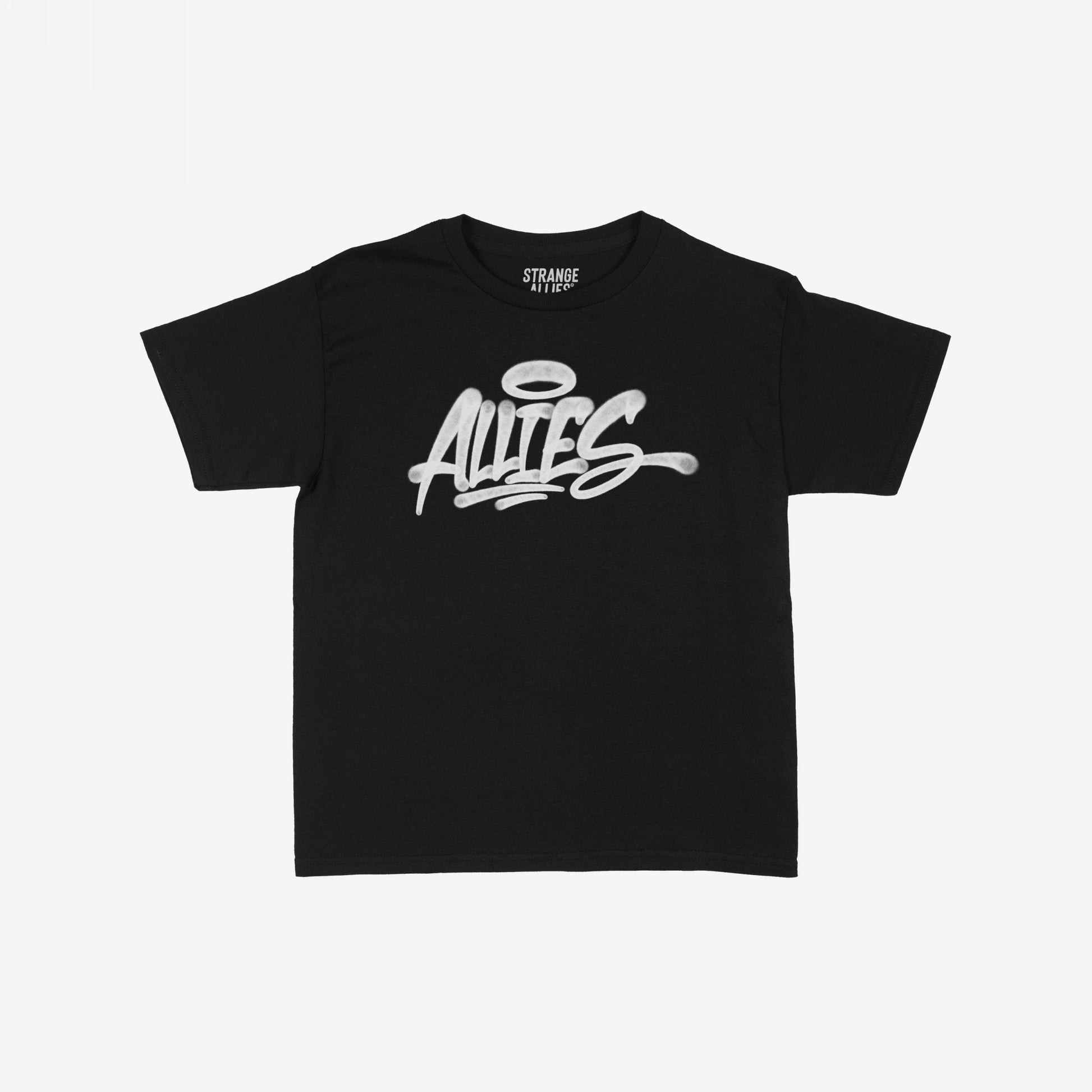 Allies Handstyle Women's Baby Tee featuring bold graffiti-style ALLIES script and halo graphic, symbolizing loyalty and community. Laid flat, it represents unifying street culture and standing for equality.