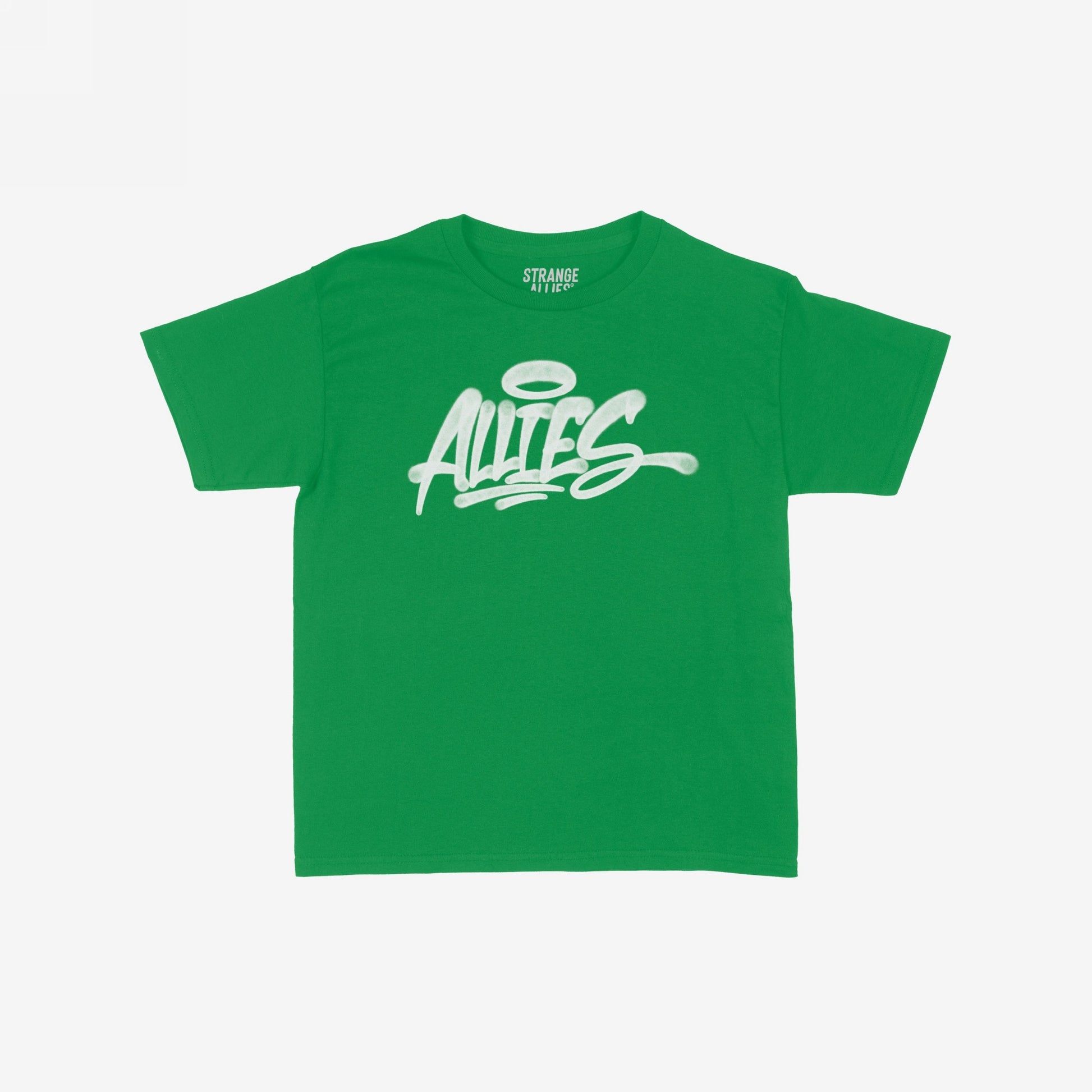 Allies Handstyle Women's Baby Tee featuring a bright green color and a white graffiti-style ALLIES wordmark with a halo on the chest, symbolizing community and loyalty.