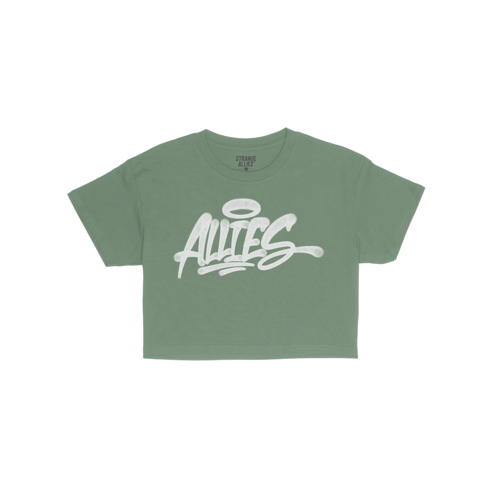 Allies Handstyle Women's Baby Tee featuring a bright green color and a white graffiti-style ALLIES wordmark with a halo on th