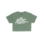 Allies Handstyle Women's Baby Tee featuring a bright green color and a white graffiti-style ALLIES wordmark with a halo on th