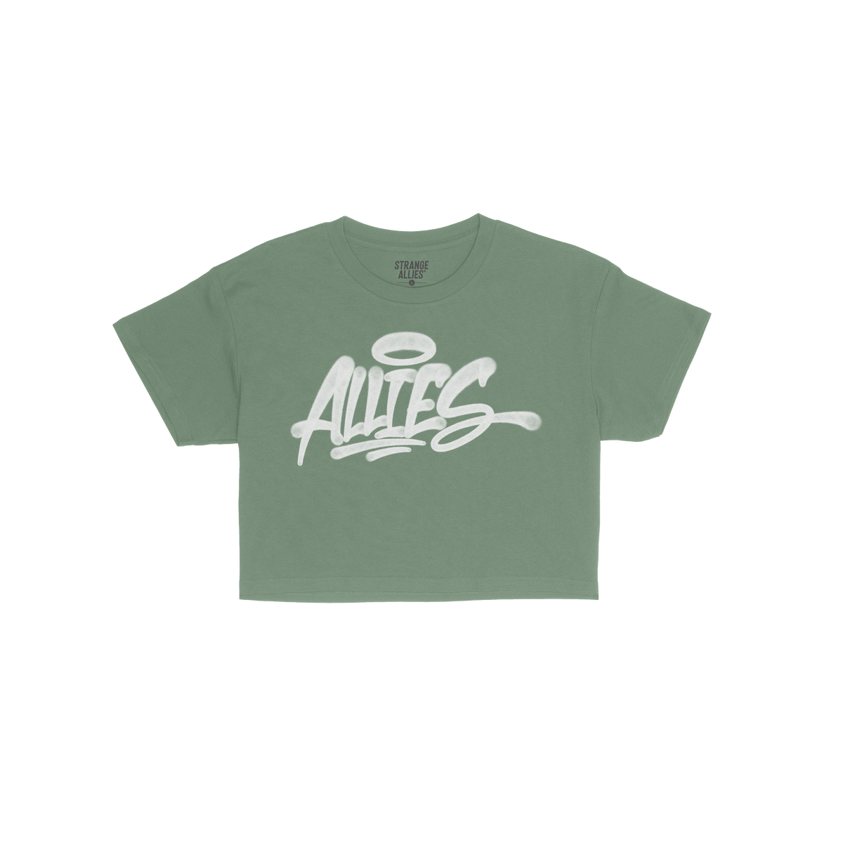 Allies Handstyle Women's Baby Tee featuring a bright green color and a white graffiti-style ALLIES wordmark with a halo on th