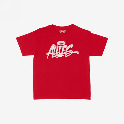 Allies Handstyle Women's Baby Tee with graffiti-style ALLIES script and halo, symbolizing loyalty and community. Cropped fit design embodies street culture and unity.