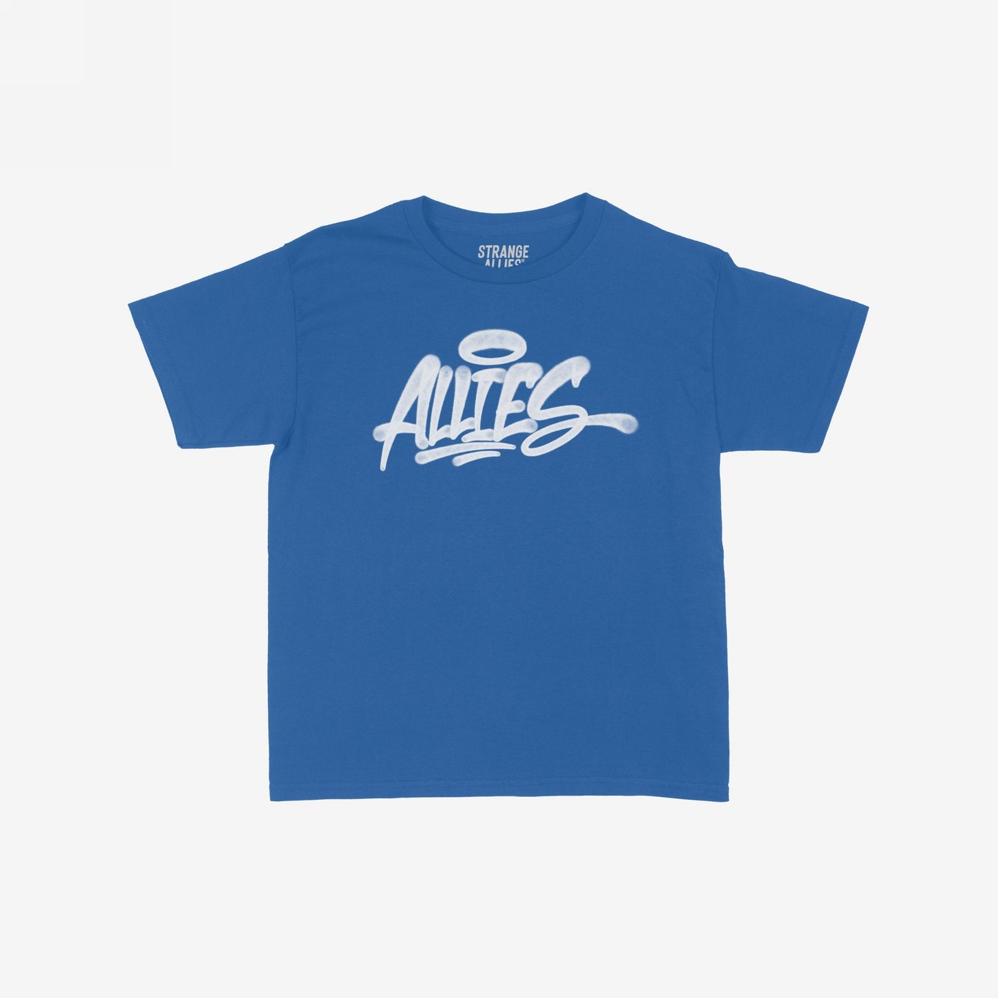 Allies Handstyle Women's Baby Tee with graffiti-style “ALLIES” script and halo motif, embodying loyalty and community. Short-sleeve design reflects unity and street culture. Brand name “STRANGE ALLIES” visible inside collar.