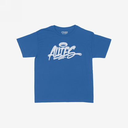 Allies Handstyle Women's Baby Tee with graffiti-style “ALLIES” script and halo motif, embodying loyalty and community. Short-sleeve design reflects unity and street culture. Brand name “STRANGE ALLIES” visible inside collar.
