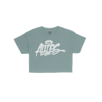 Allies Handstyle Women's Baby Tee with graffiti-style “ALLIES” script and halo motif, embodying loyalty and community. Sh