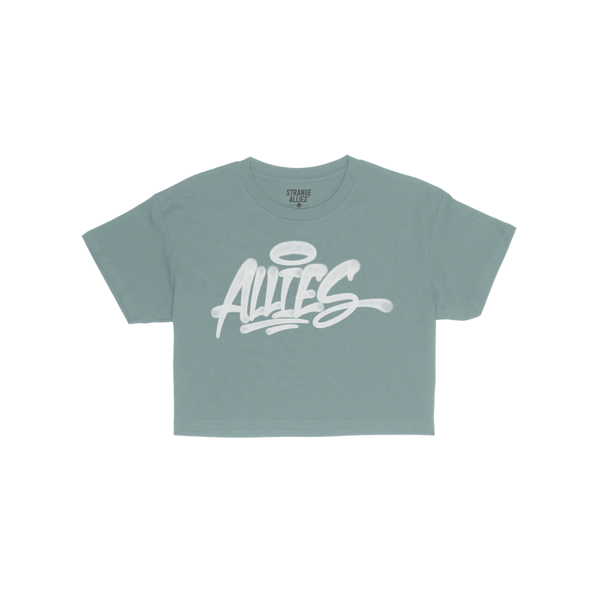 Allies Handstyle Women's Baby Tee with graffiti-style “ALLIES” script and halo motif, embodying loyalty and community. Sh