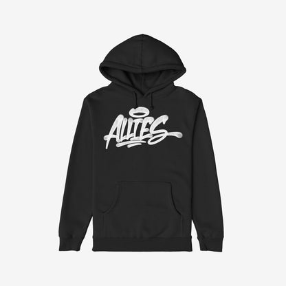 Allies Handstyle Hoodie features a black pullover design with a kangaroo pocket and drawstring hood, showcasing bold white graffiti-style ALLIES lettering across the chest, embodying a statement of support and equality.