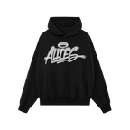 Allies Handstyle Hoodie features a black pullover design with a kangaroo pocket and drawstring hood, showcasing bold white gr