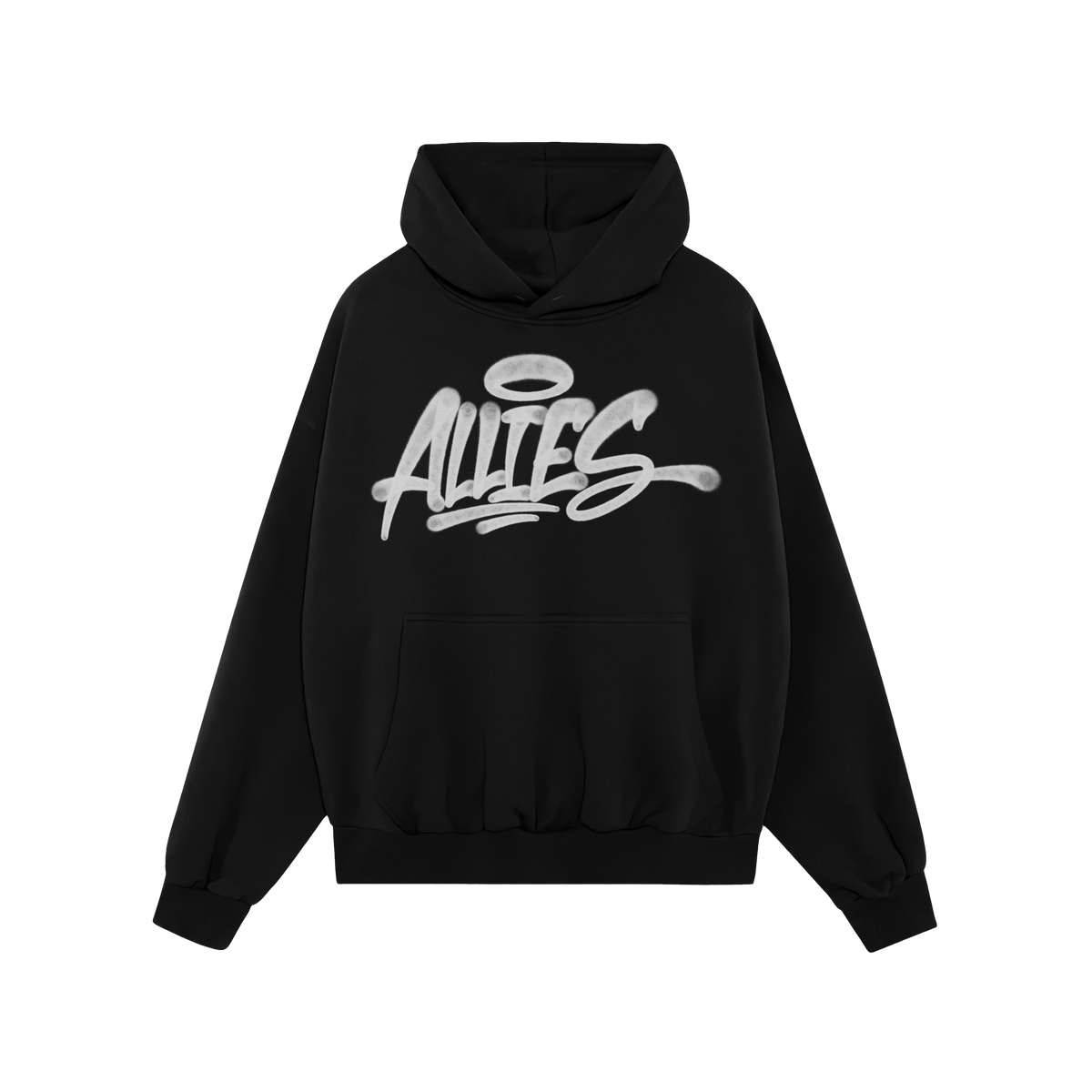 Allies Handstyle Hoodie features a black pullover design with a kangaroo pocket and drawstring hood, showcasing bold white gr