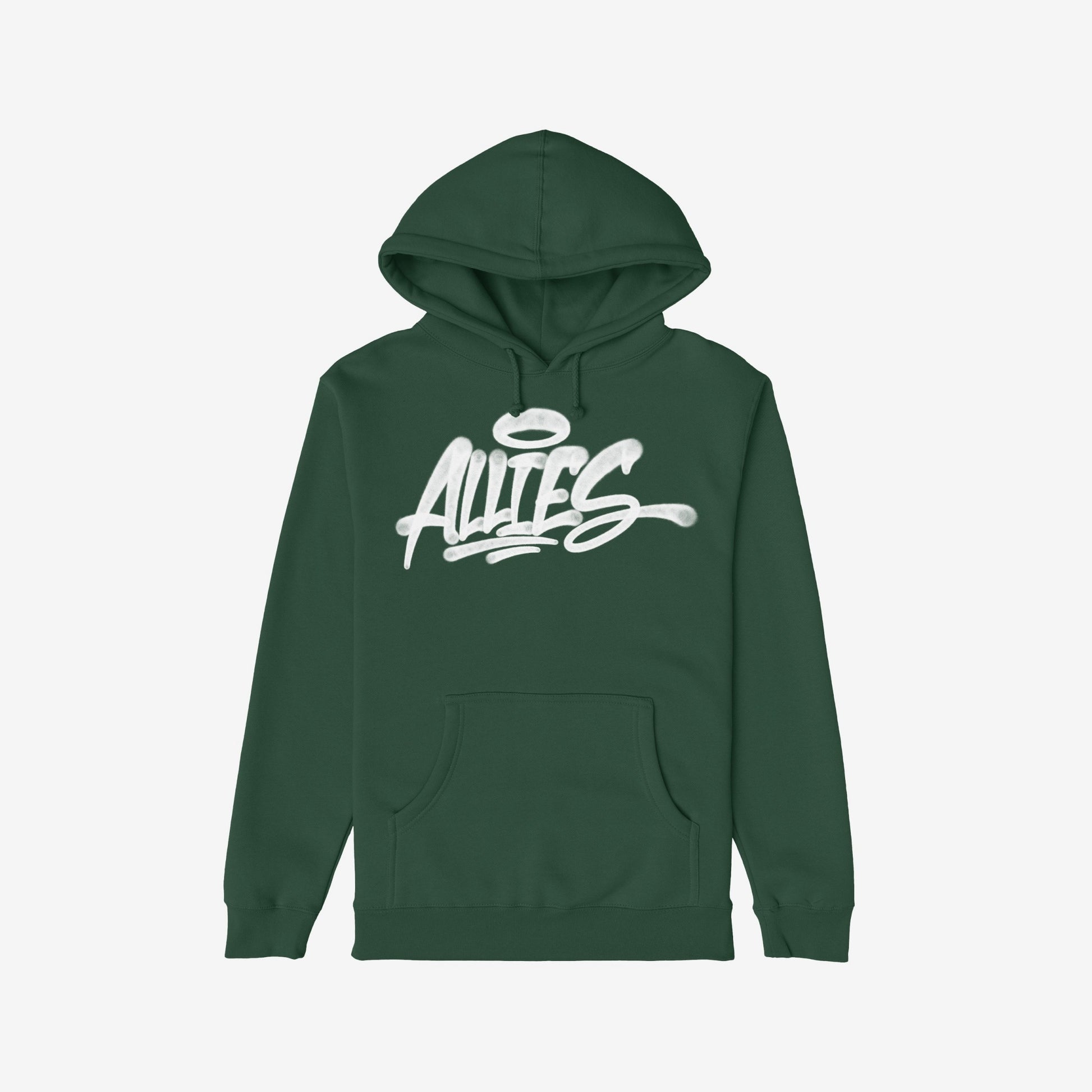 Allies Handstyle Hoodie features a dark-green pullover with a front kangaroo pocket and drawstring hood, displaying a white spray-paint graphic Allies and halo, symbolizing support and allyship.