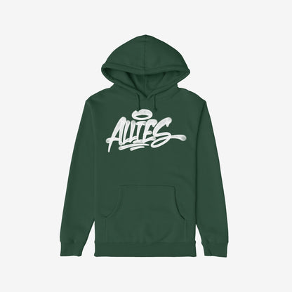 Allies Handstyle Hoodie features a dark-green pullover with a front kangaroo pocket and drawstring hood, displaying a white spray-paint graphic Allies and halo, symbolizing support and allyship.