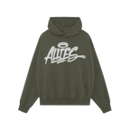 Allies Handstyle Hoodie features a dark-green pullover with a front kangaroo pocket and drawstring hood, displaying a white s