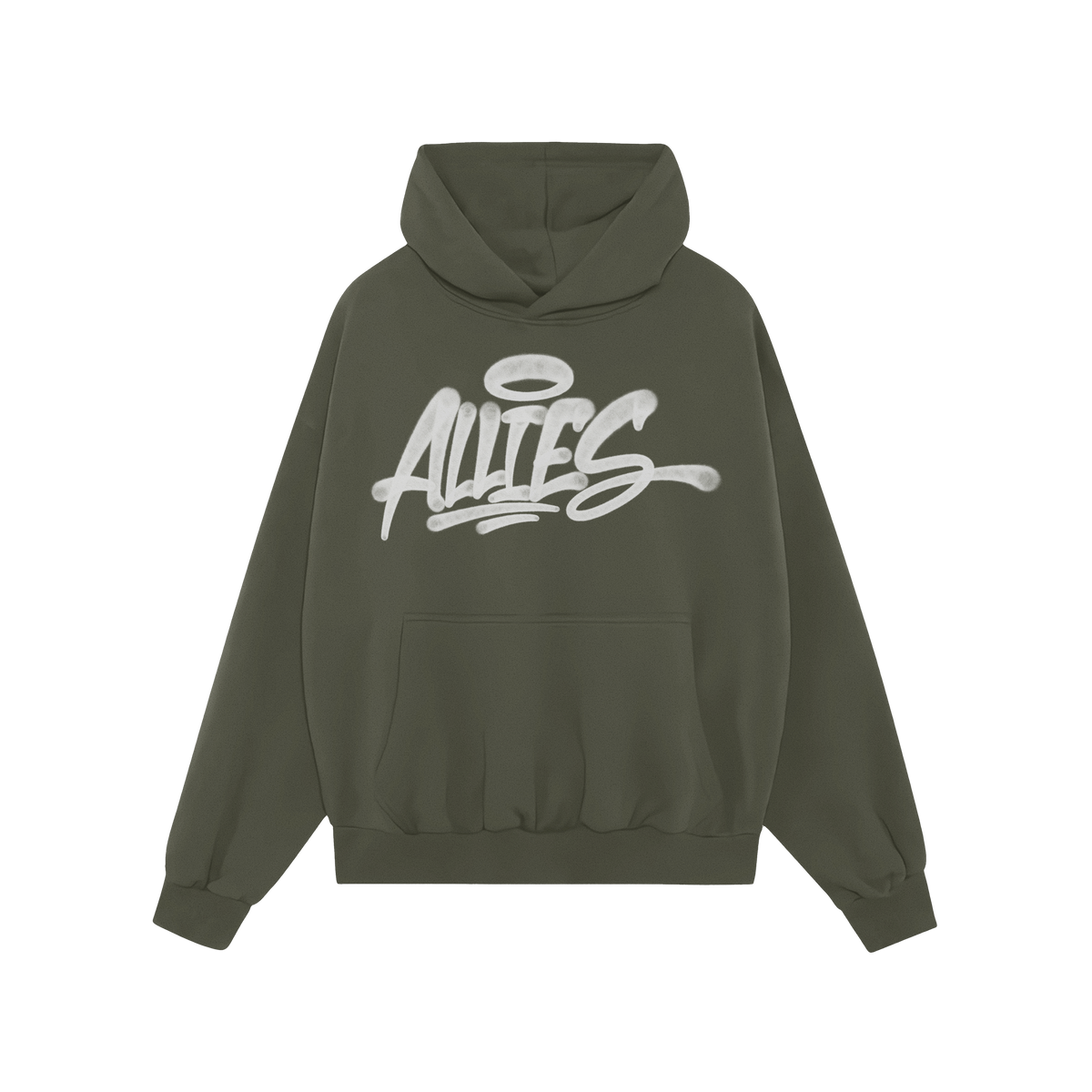 Allies Handstyle Hoodie features a dark-green pullover with a front kangaroo pocket and drawstring hood, displaying a white s