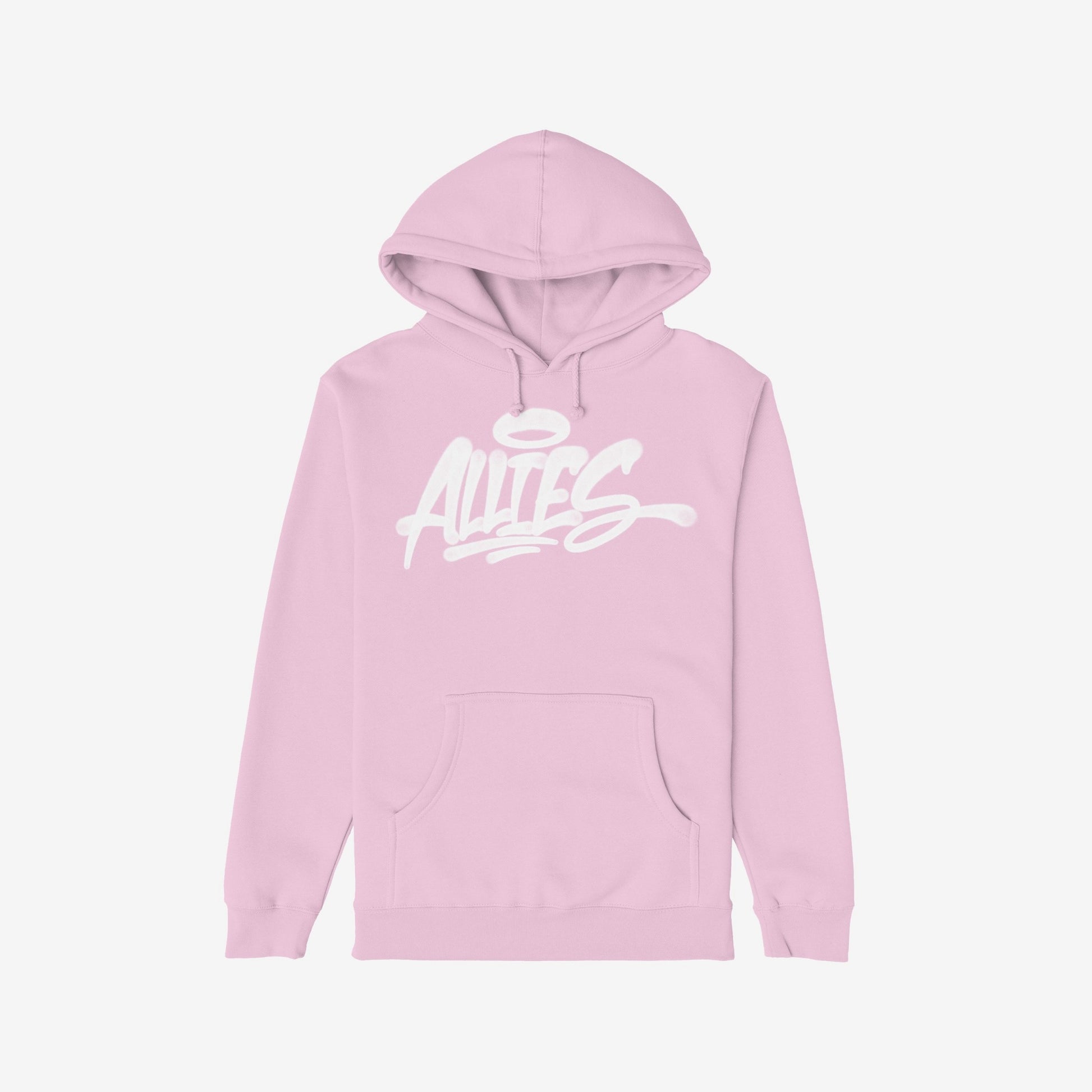 Allies Handstyle Hoodie features a pastel-pink design with graffiti-style ALLIES and a halo over the I, symbolizing solidarity. The comfortable pullover blends streetwear with a bold statement.