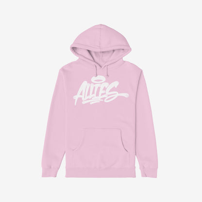 Allies Handstyle Hoodie features a pastel-pink design with graffiti-style ALLIES and a halo over the I, symbolizing solidarity. The comfortable pullover blends streetwear with a bold statement.