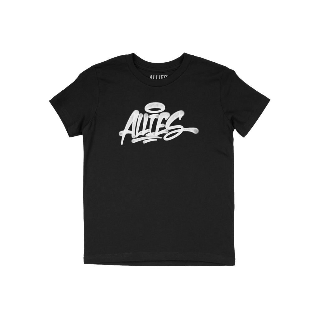 Black Allies Handstyle T-shirt featuring ALLIES in white brush-style script with a halo motif, symbolizing unity and solidari