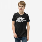 Young boy wearing the Allies Handstyle T-shirt, featuring a graffiti-style ALLIES graphic with a halo. A nod to solidarity and allyship, paired with blue jeans, embodying unity and support.