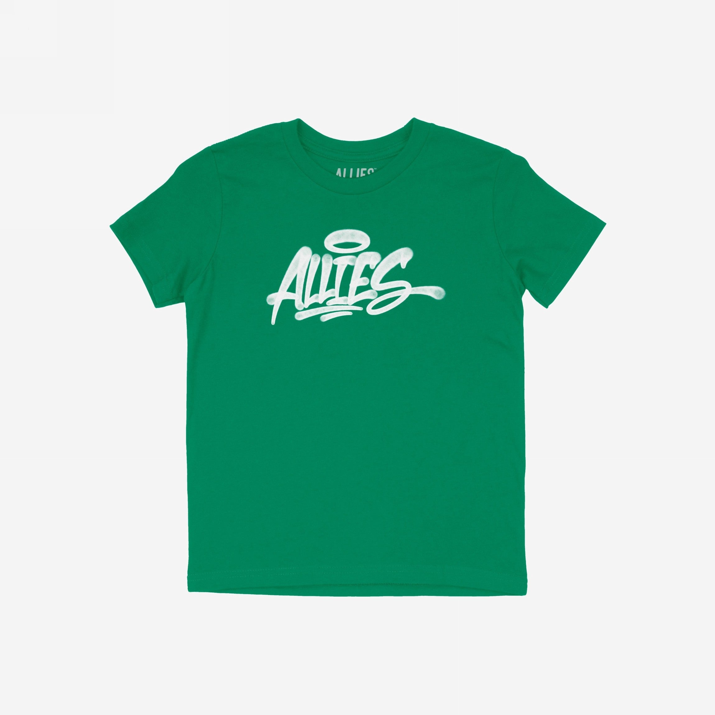 Plain green Allies Handstyle T-shirt with a graffiti-style white logo, ALLIES, featuring a halo over the A. Celebrates art, identity, and allyship, embodying solidarity and support across borders.