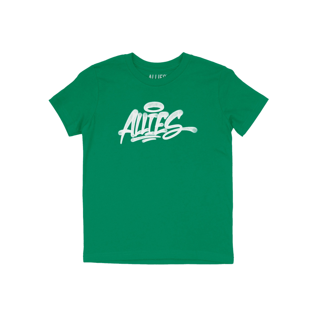 Plain green Allies Handstyle T-shirt with a graffiti-style white logo, ALLIES, featuring a halo over the A. Celebrates art, i