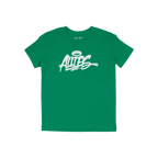 Plain green Allies Handstyle T-shirt with a graffiti-style white logo, ALLIES, featuring a halo over the A. Celebrates art, i