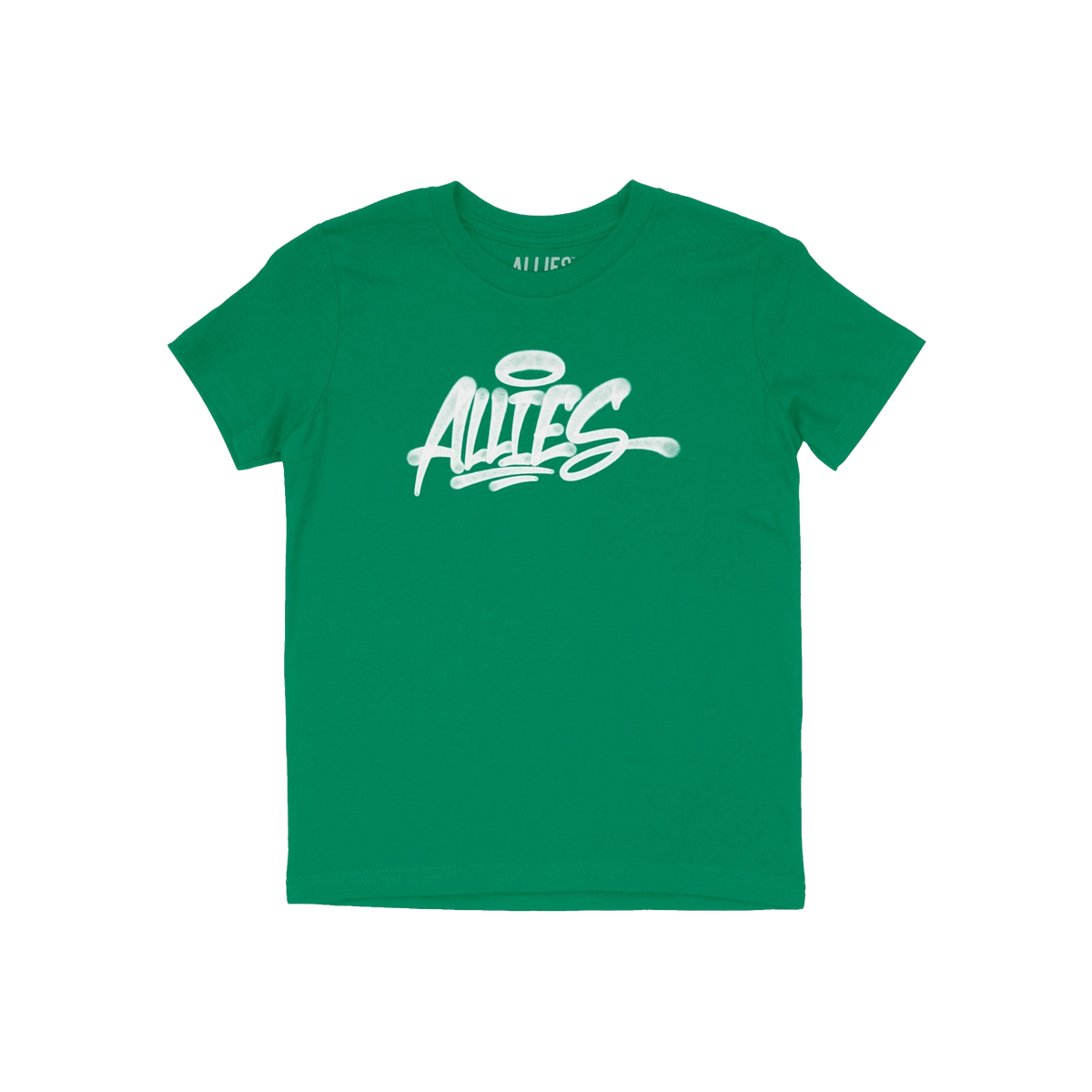Plain green Allies Handstyle T-shirt with a graffiti-style white logo, ALLIES, featuring a halo over the A. Celebrates art, i