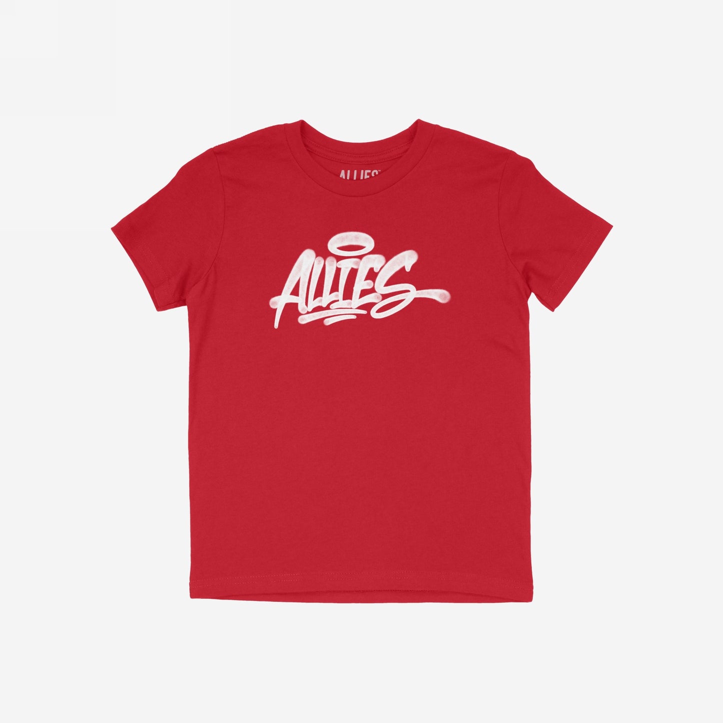 The Allies Handstyle T-shirt features “ALLIES” in bold, white brush-style script with a halo motif, celebrating unity and solidarity through urban-inspired design.