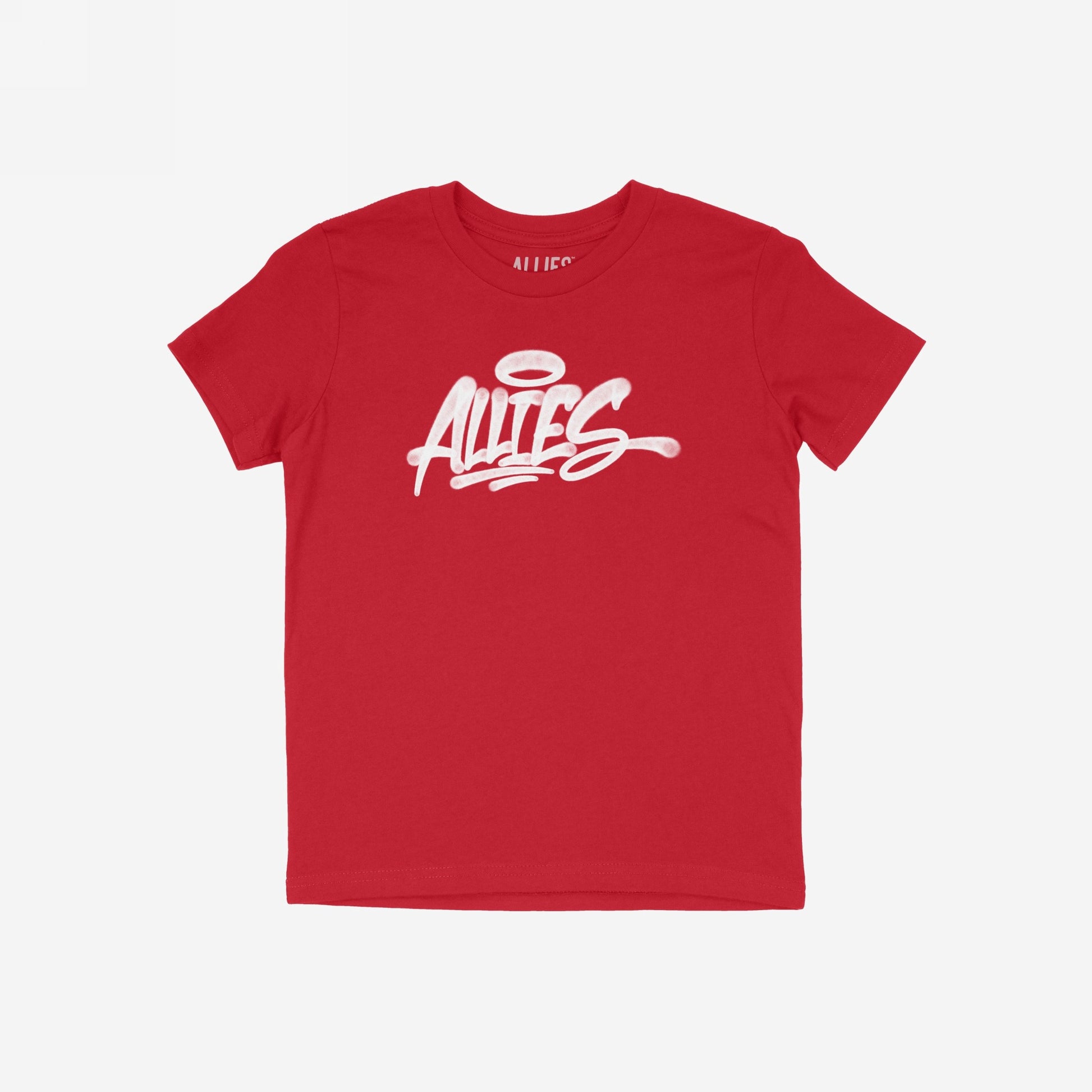 The Allies Handstyle T-shirt features “ALLIES” in bold, white brush-style script with a halo motif, celebrating unity and solidarity through urban-inspired design.
