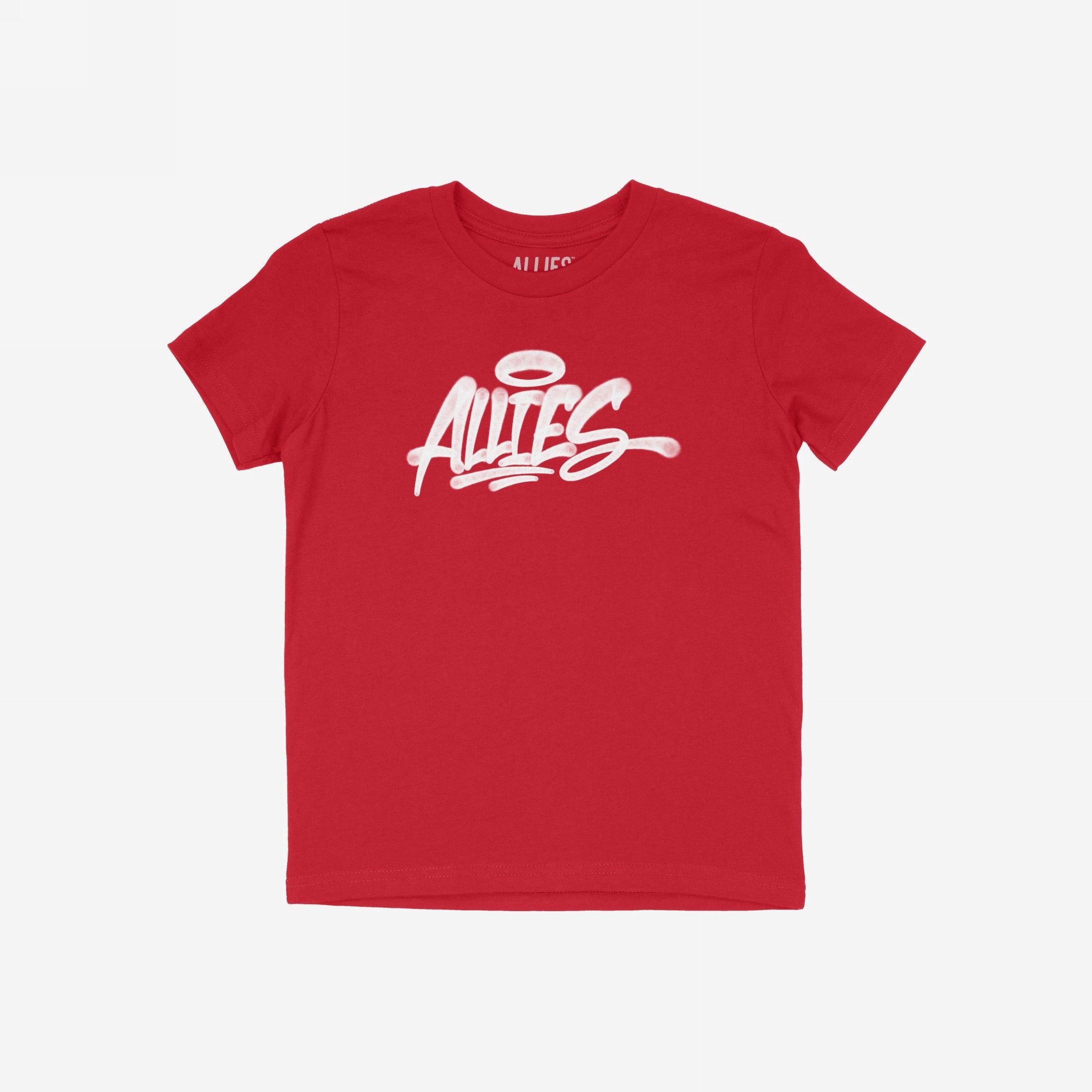 The Allies Handstyle T-shirt features “ALLIES” in bold, white brush-style script with a halo motif, celebrating unity and solidarity through urban-inspired design.