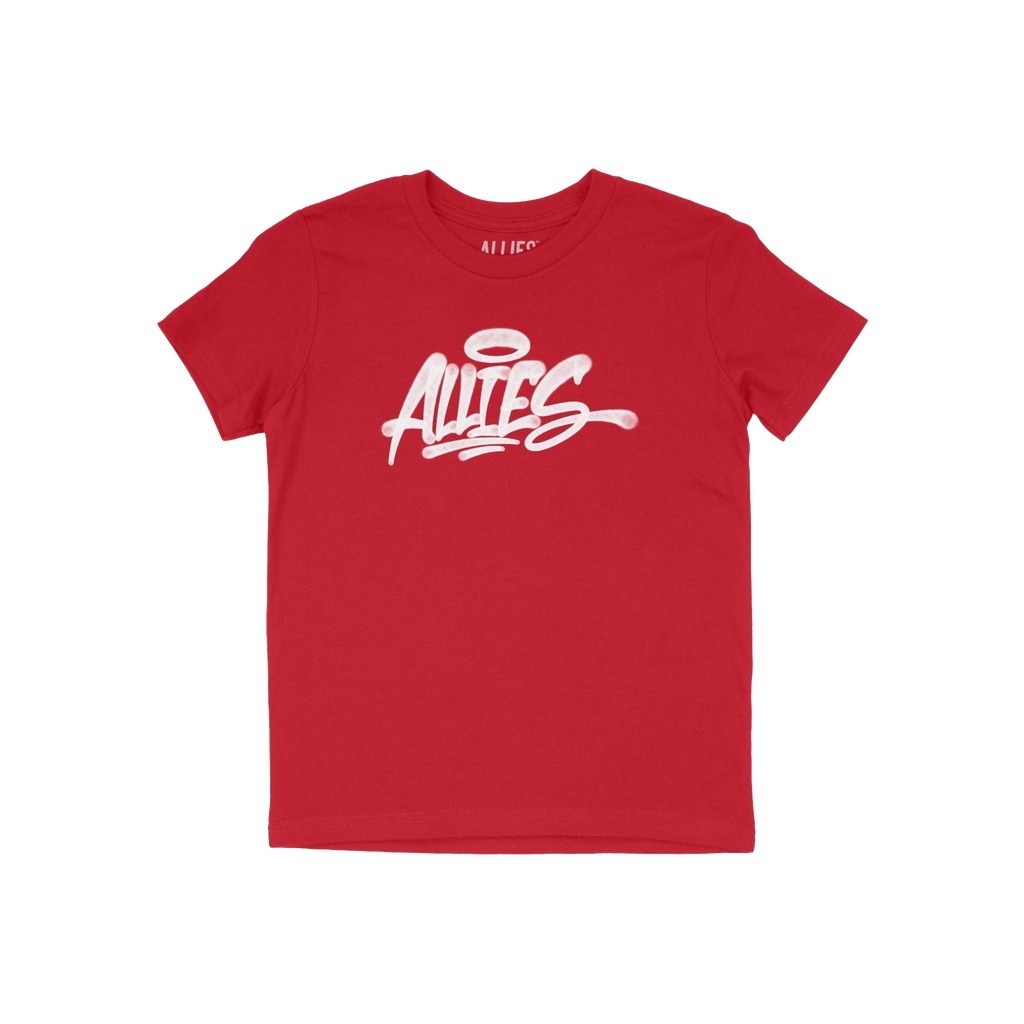 The Allies Handstyle T-shirt features “ALLIES” in bold, white brush-style script with a halo motif, celebrating unity and
