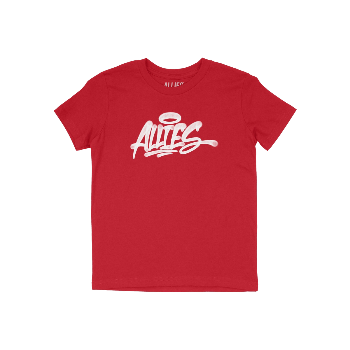 The Allies Handstyle T-shirt features “ALLIES” in bold, white brush-style script with a halo motif, celebrating unity and