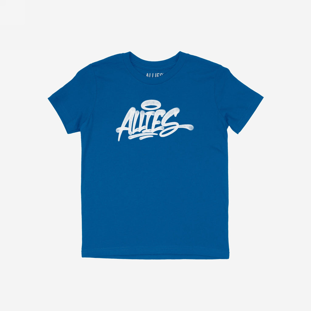 Allies Handstyle T-shirt features a bold, graffiti-style ALLIES script with a halo motif, embodying street art and solidarity. This short-sleeve tee symbolizes unity and allyship across communities.