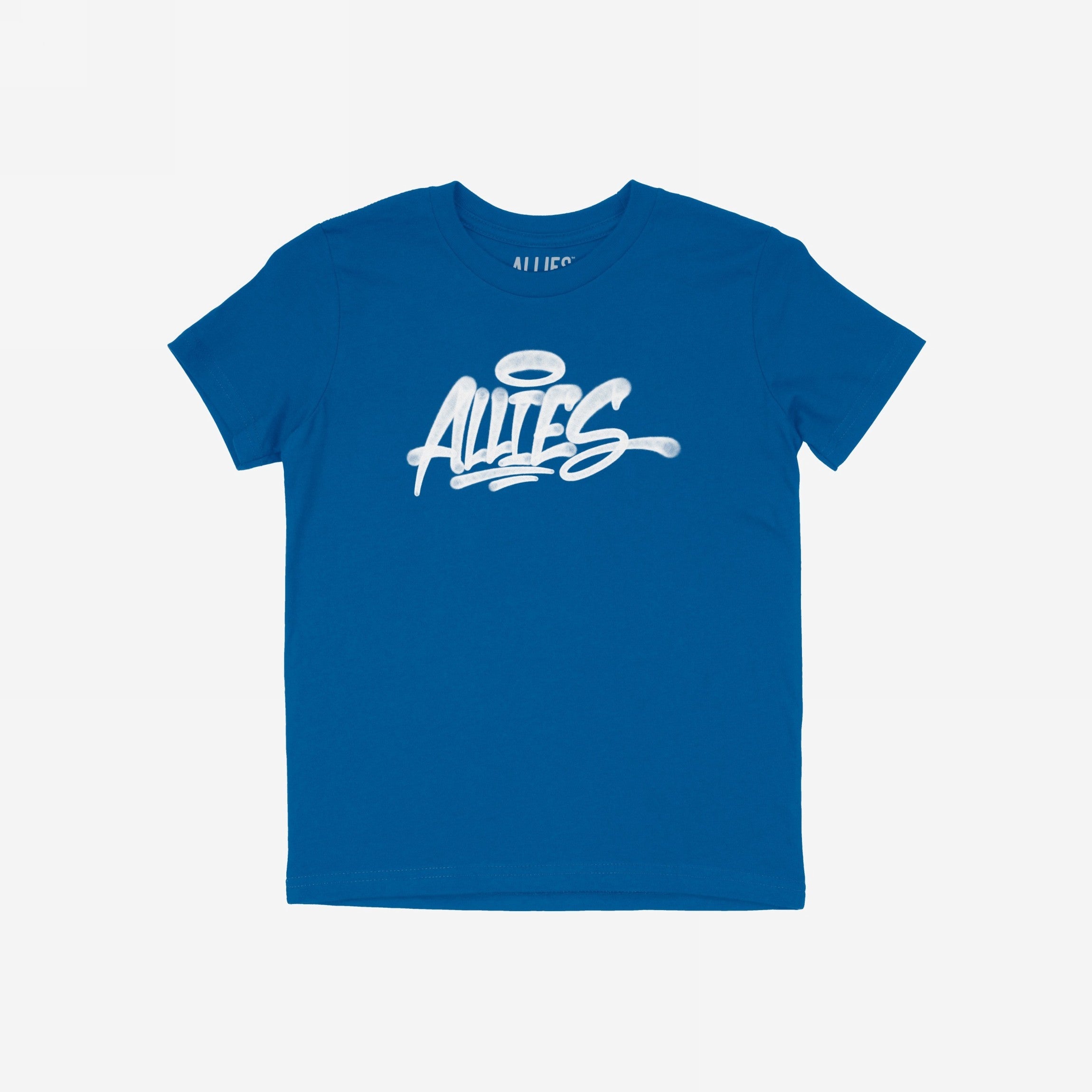 Allies Handstyle T-shirt features a bold, graffiti-style ALLIES script with a halo motif, embodying street art and solidarity. This short-sleeve tee symbolizes unity and allyship across communities.
