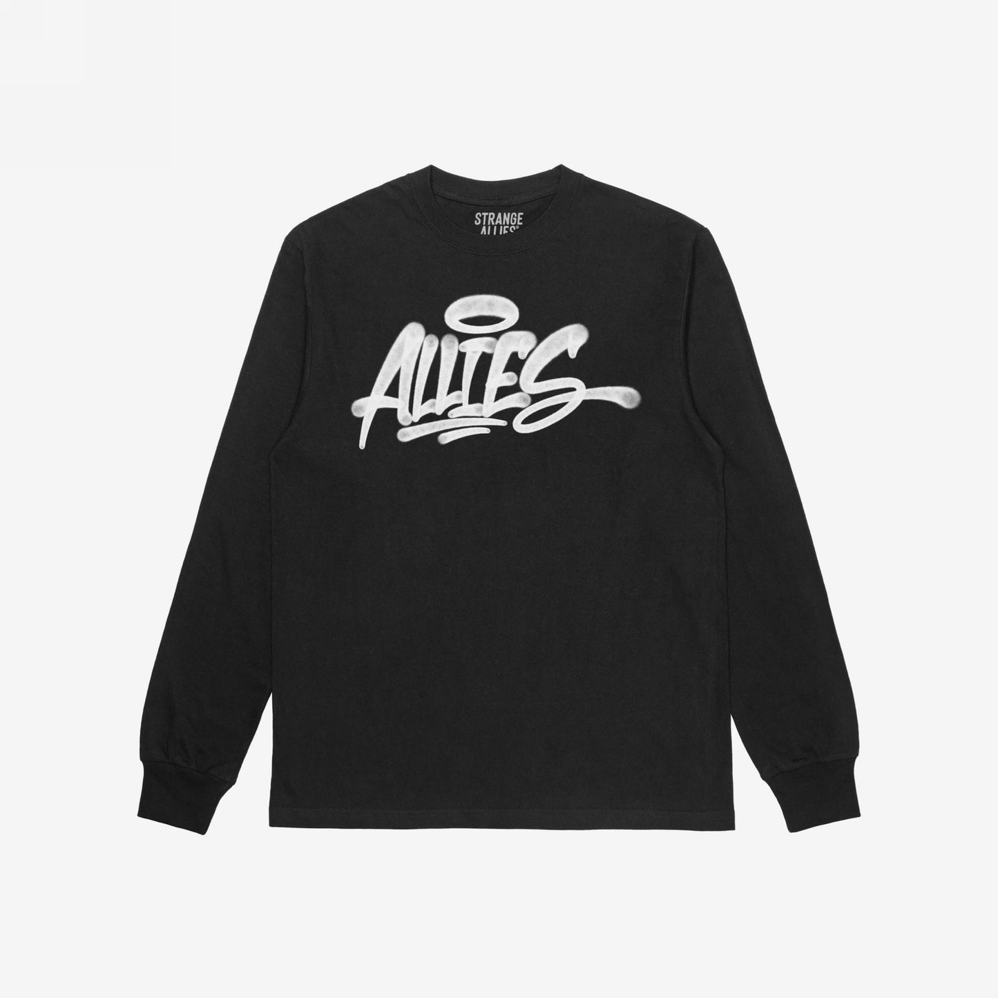 Black long-sleeve Allies Handstyle T-shirt featuring a bold ALLIES graffiti graphic with a halo on the chest, embodying unity and solidarity across boundaries.