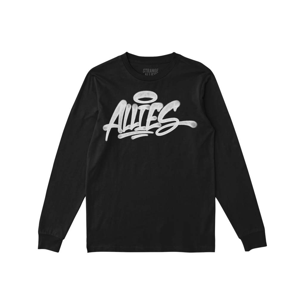 Black long-sleeve Allies Handstyle T-shirt featuring a bold ALLIES graffiti graphic with a halo on the chest, embodying unity