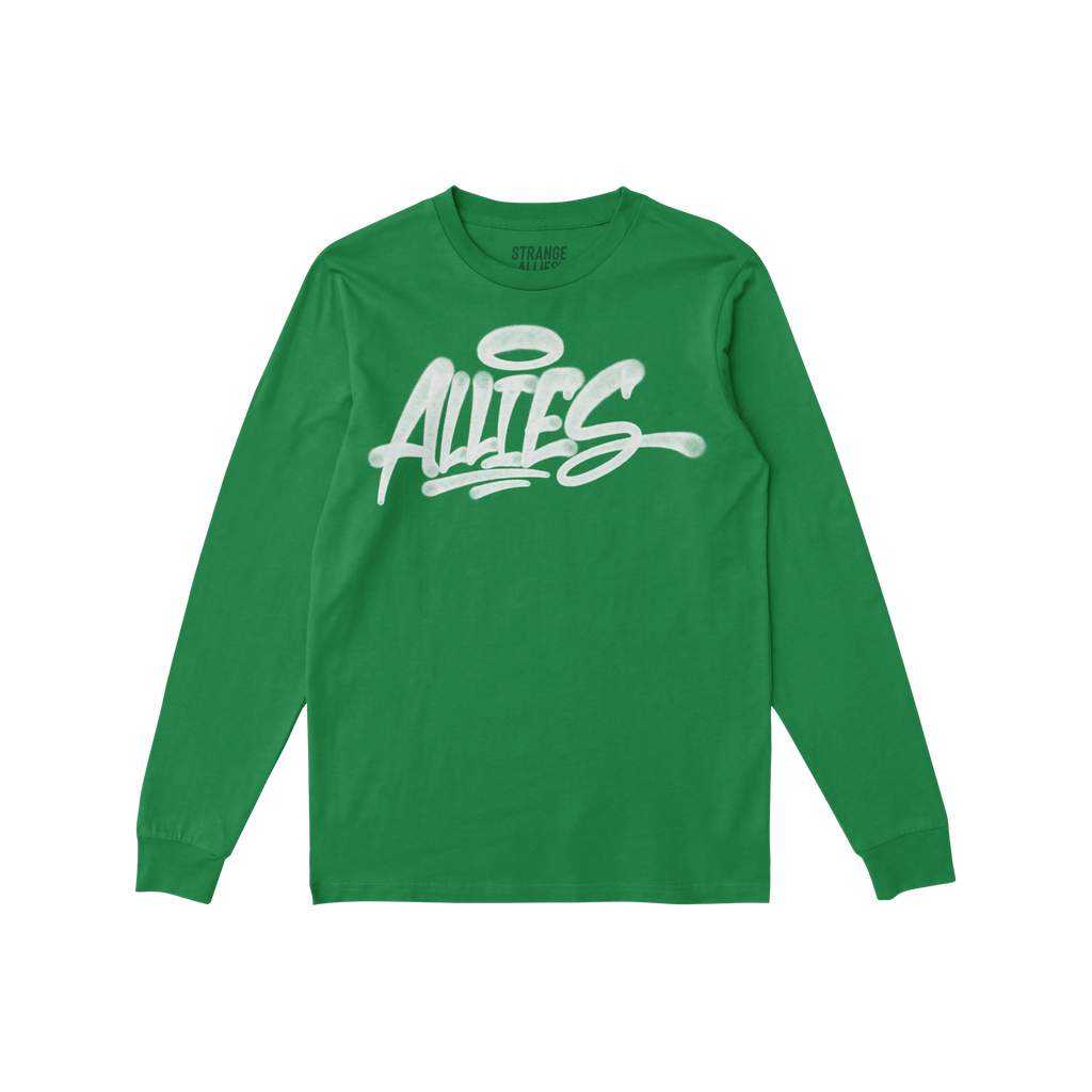 Allies Handstyle T-shirt features 'Allies' in a graffiti style with a halo accent, symbolizing solidarity and allyship, refle