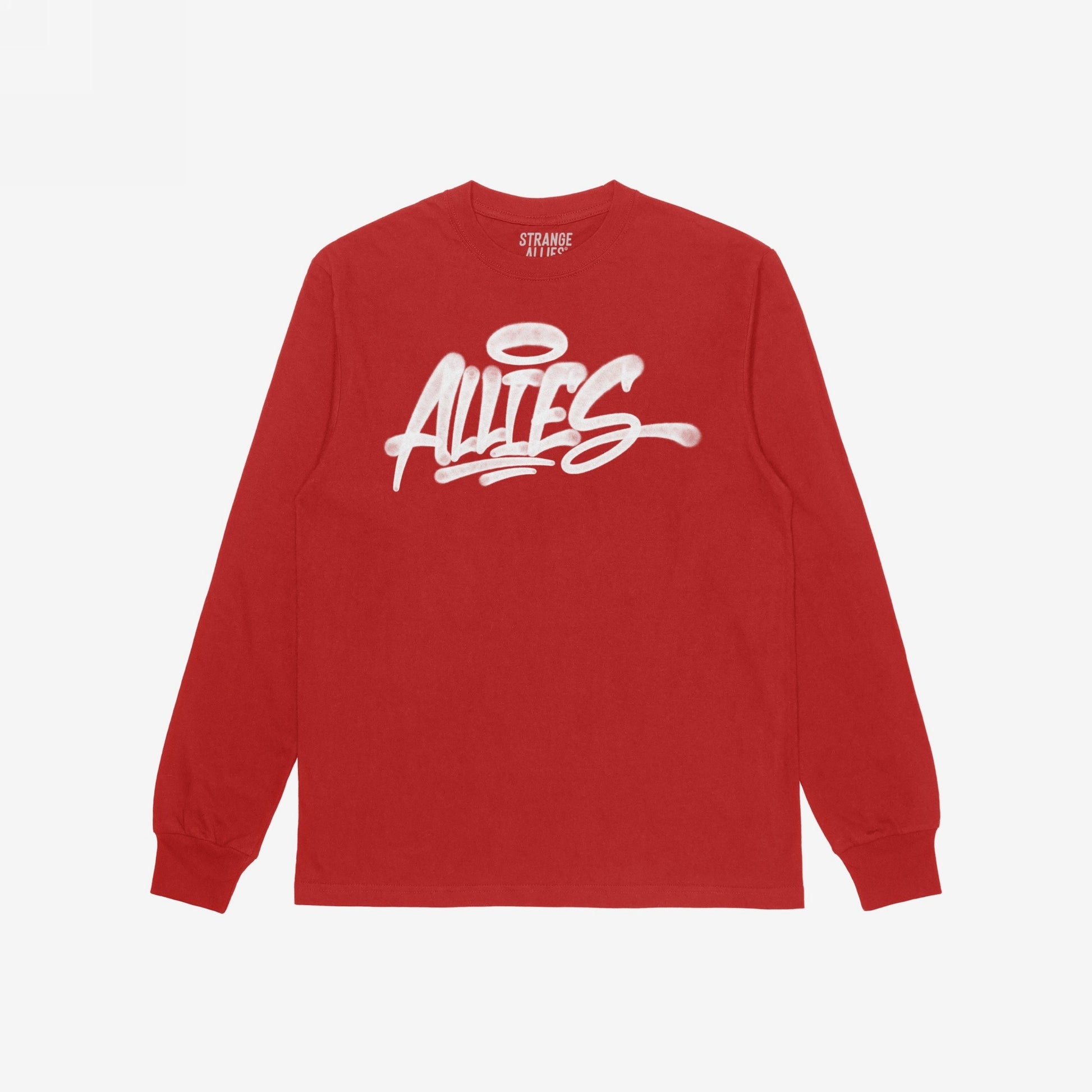 Red long-sleeve Allies Handstyle T-shirt displaying a white graffiti-style Allies logo with a halo, embodying themes of allyship and solidarity, branded with Strange Allies on the collar.
