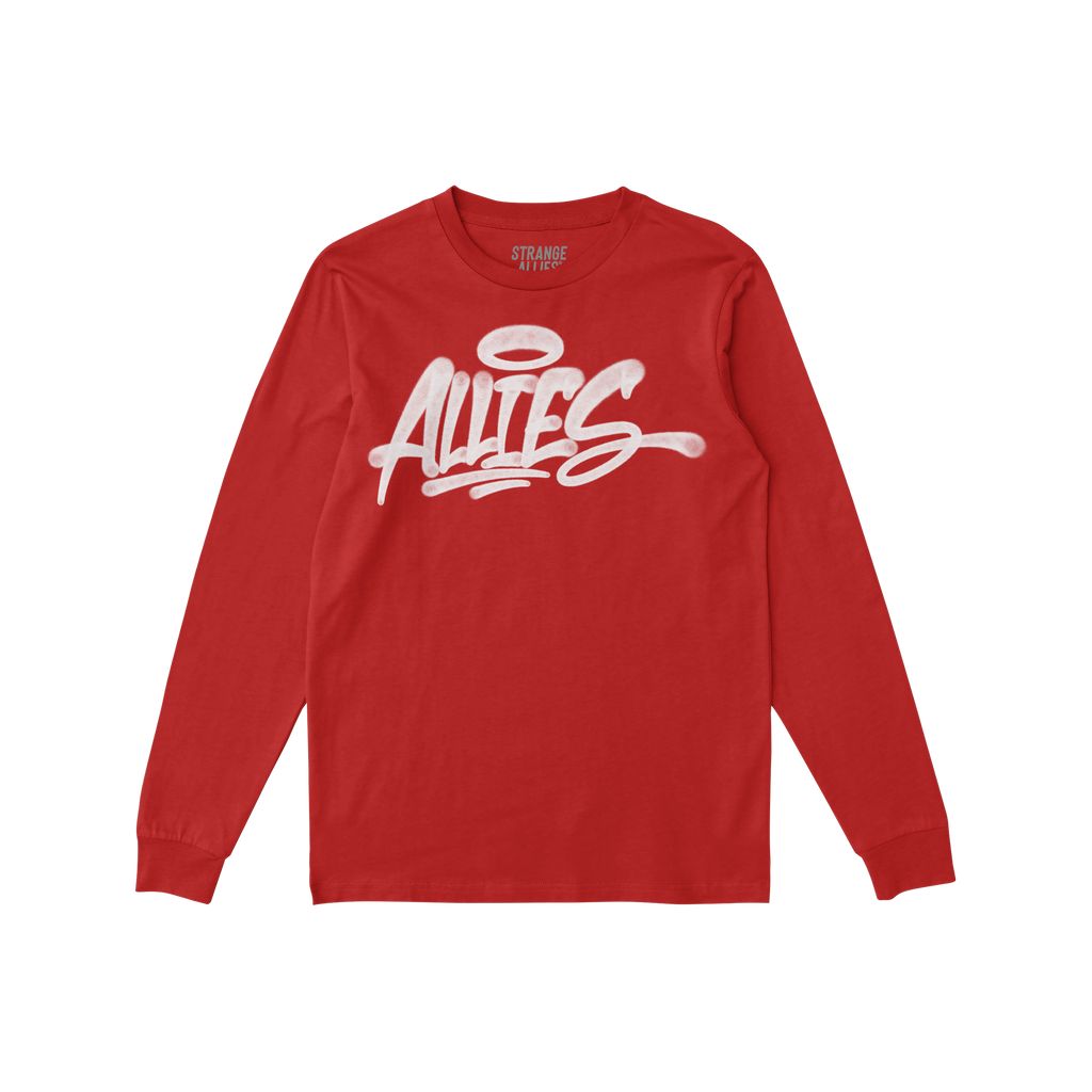 Red long-sleeve Allies Handstyle T-shirt displaying a white graffiti-style Allies logo with a halo, embodying themes of allys