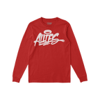 Red long-sleeve Allies Handstyle T-shirt displaying a white graffiti-style Allies logo with a halo, embodying themes of allys