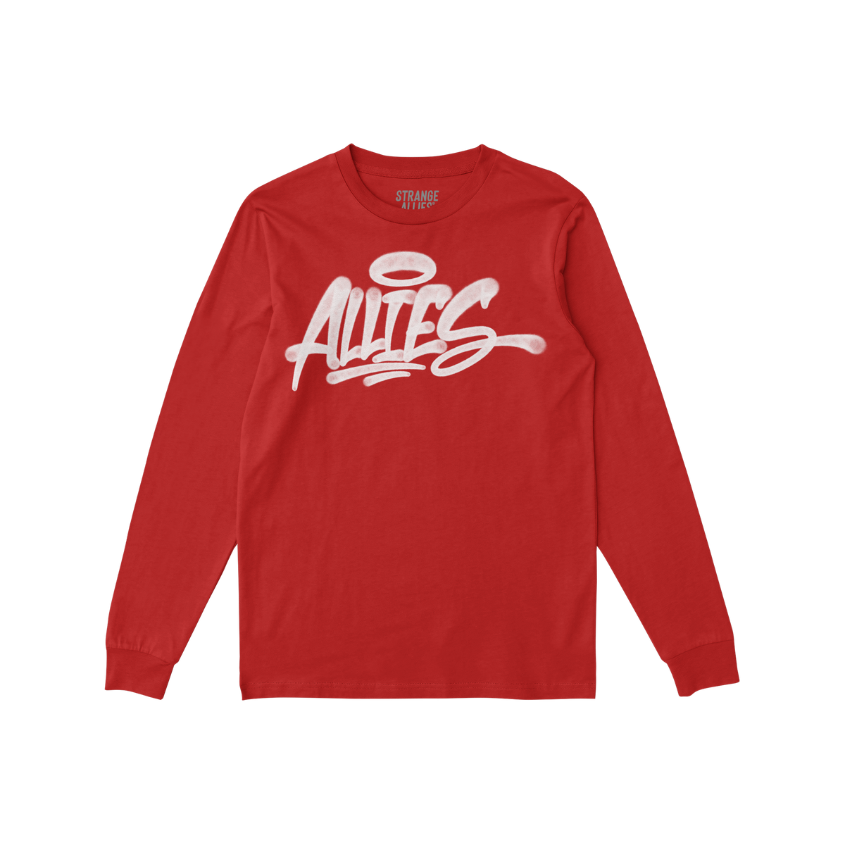 Red long-sleeve Allies Handstyle T-shirt displaying a white graffiti-style Allies logo with a halo, embodying themes of allys