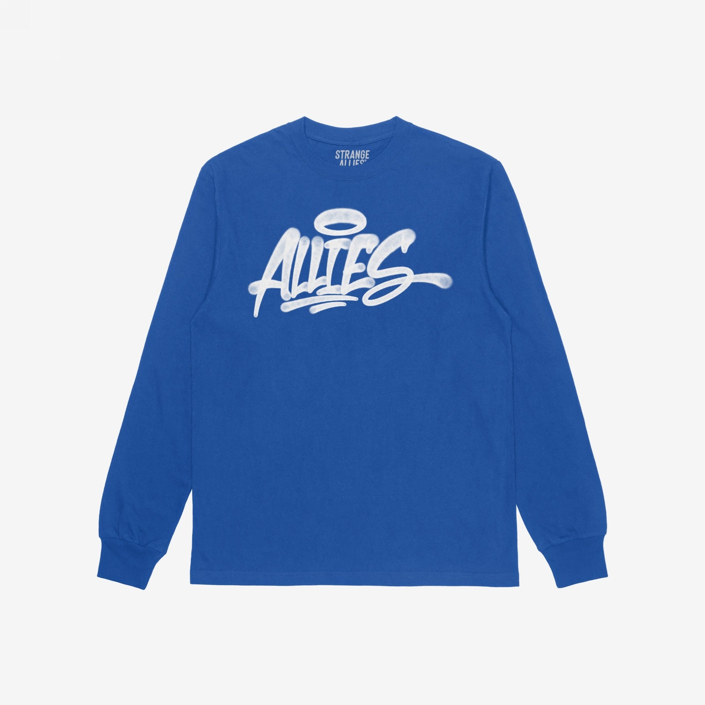 Allies Handstyle T-shirt features a graffiti-style “ALLIES” graphic with a halo, symbolizing unity and support, perfect for those embracing art and solidarity.