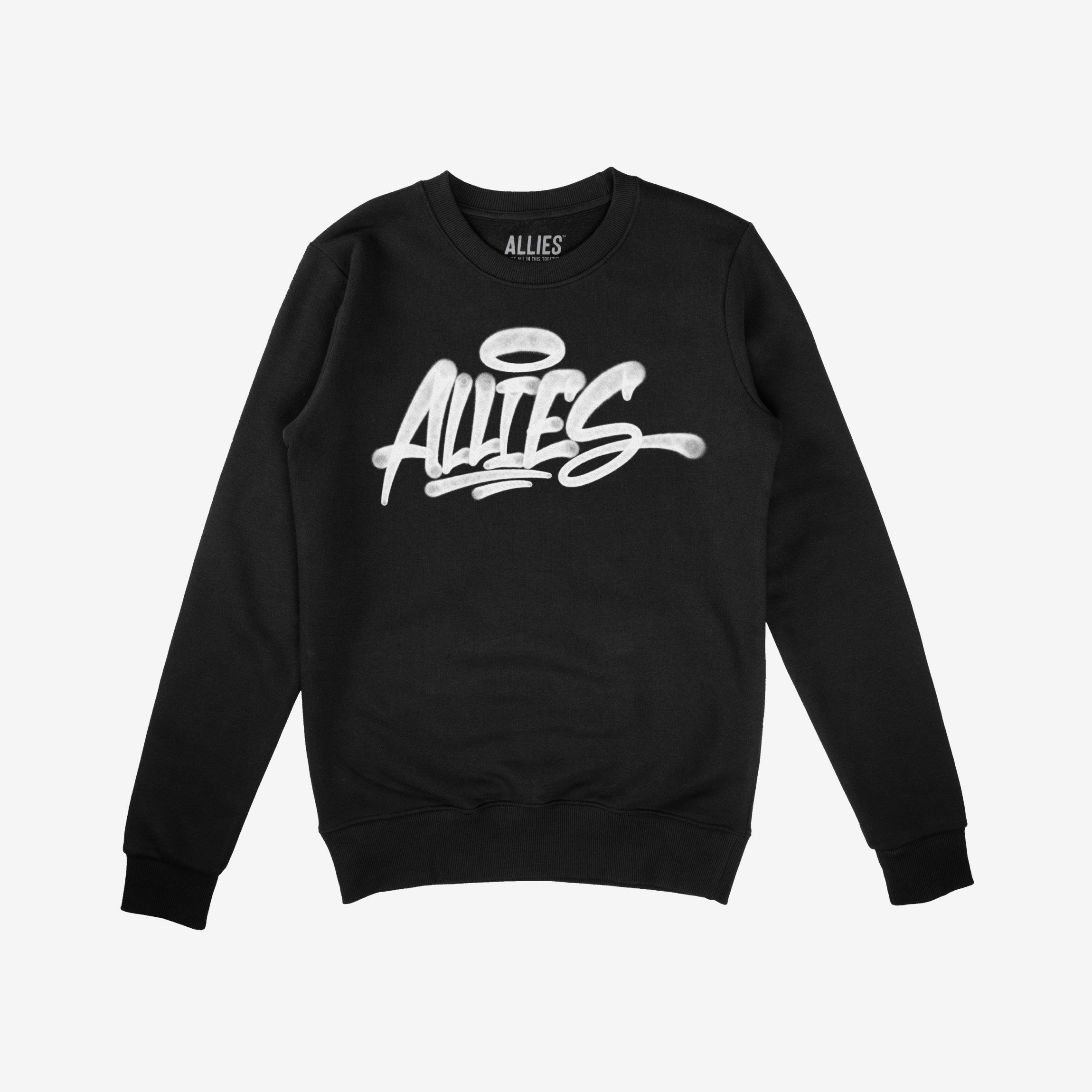 Allies Handstyle Hoodie & Sweatshirt features a graffiti-style ALLIES logo with a halo, symbolizing solidarity and activism, blending streetwear aesthetics with comfort for a bold statement.